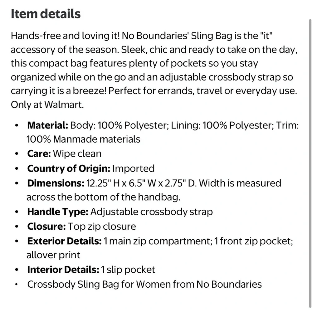 No Boundaries Women’s Black Hands Free Sling Bag Backpack NWOT